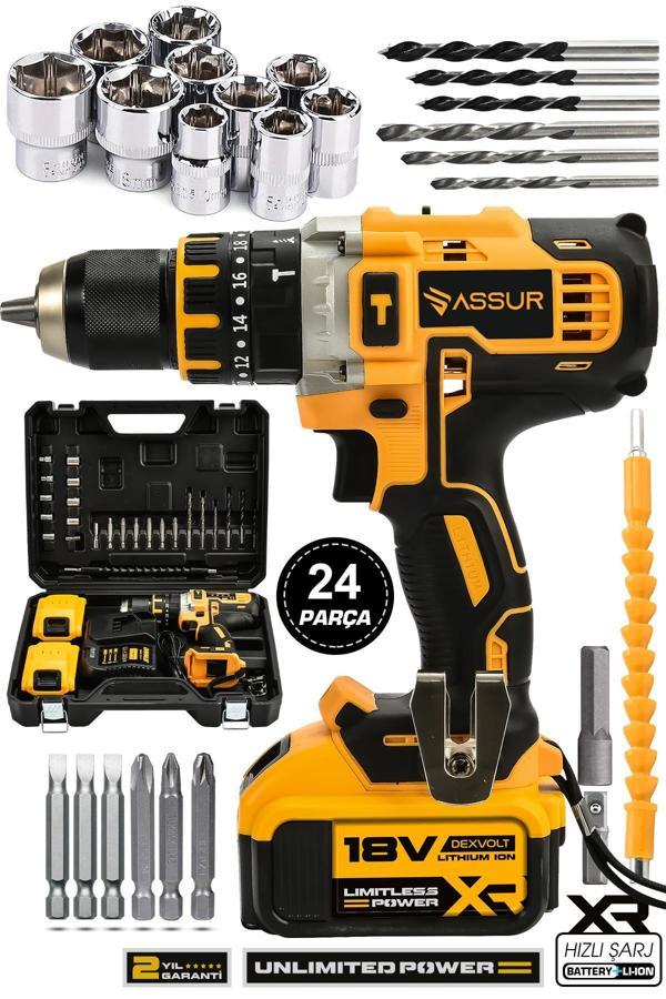 Assur 18V Metal Şanzıman Çift Akülü Şarjlı Darbeli Matkap - Image 1