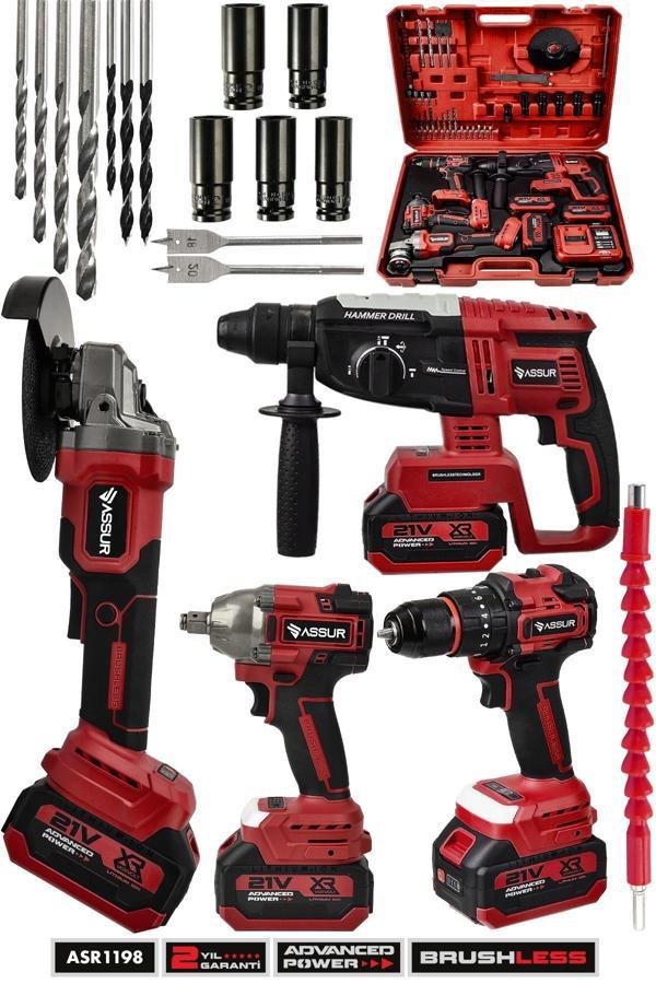 Assur 21V Darbeli Kömürsüz 4'lü Set Kırıcı Delici Hilti - Matkap Vidalama - Taşlama - Somun Sıkma Sökme - Image 1
