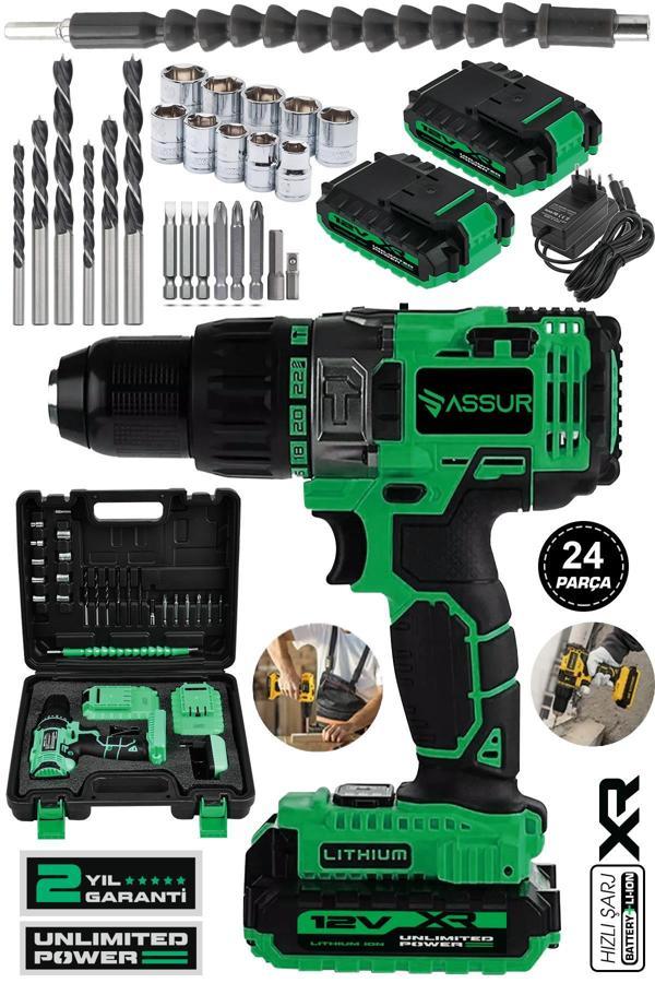 Assur 12V Çift Akülü Bakır Sargı Metal Şanzıman Şarjlı Matkap Akülü Vidalama - Image 1