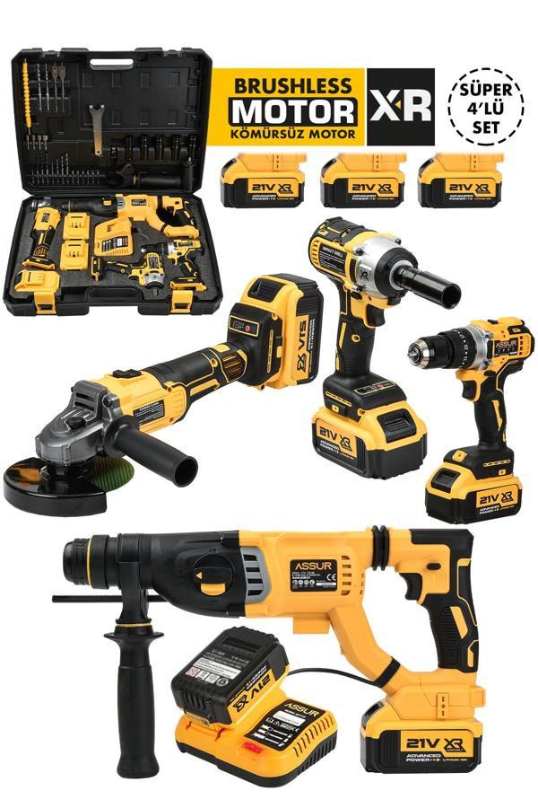 Assur Profesyonel 21V Akülü Vidalama Somun Sıkma Sökme Taşlama Kırıcı Delici Hilti 4'lü Set - Image 1