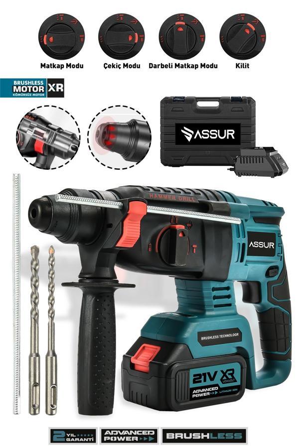 Assur 21V Kömürsüz Motor Darbeli Çift Akülü Şarjlı Kırıcı Delici Hilti 2-26mm - Image 1