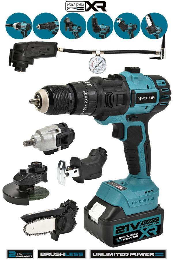 Assur 21V 6 Başlıklı Set Vidalama Testere Tilki Kuyruğu Taşlama Somun Sökme Hava Pompası - Image 1