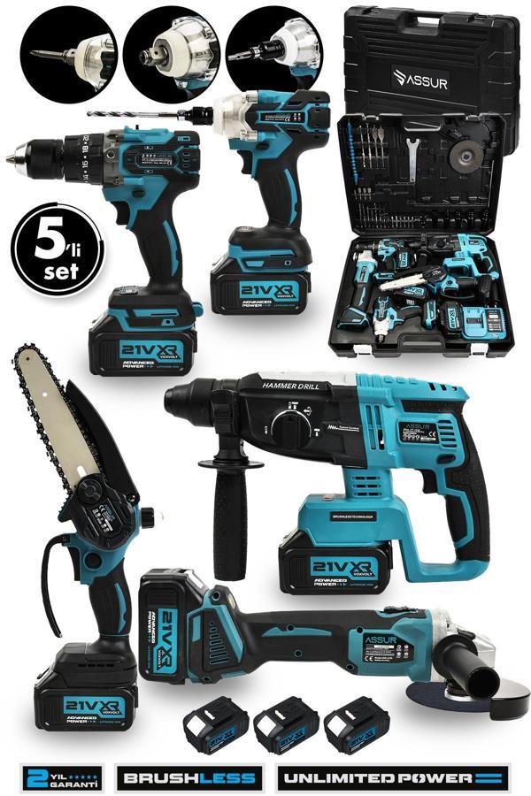 Assur 21V Akülü 5'li Set Kırıcı Delici Hilti Taşlama Somun Sıkma Akülü Vidalama Budama Testeresi - Image 1