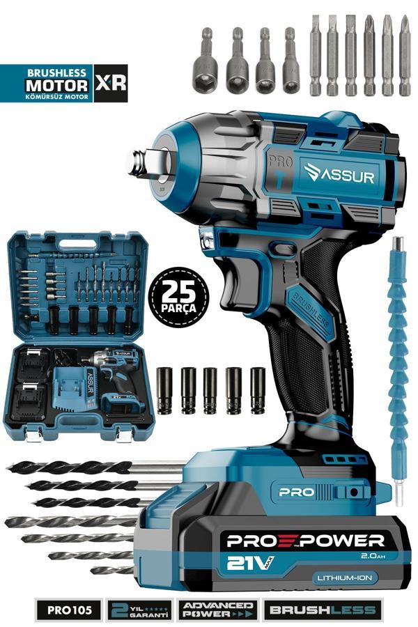 Assur Pro 21V Çift Akülü Vidalama Çelik Mandren Kömürsüz Motor Darbeli Şarjlı Matkap - Image 1