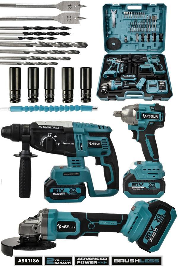 Assur 21V Çift Akülü 3'lü Set Somun Sıkma Sökme+Kırıcı Delici Hilti+Taşlama - Image 1