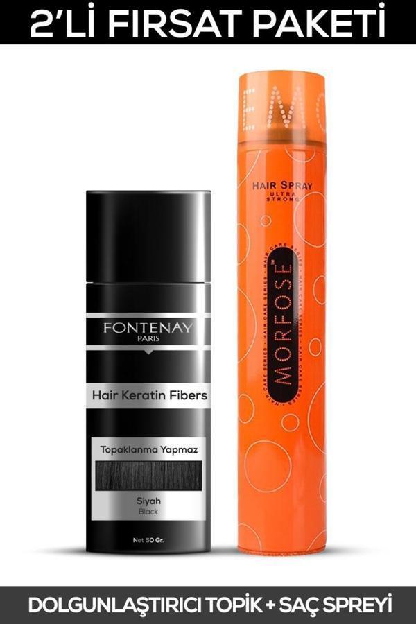 Fontenay Saç Dolgunlaştırıcı Keratin Fibers Siyah Topik Saç Tozu 50gr + Saç Spreyi 400ml 2'li Set 2 - Image 1