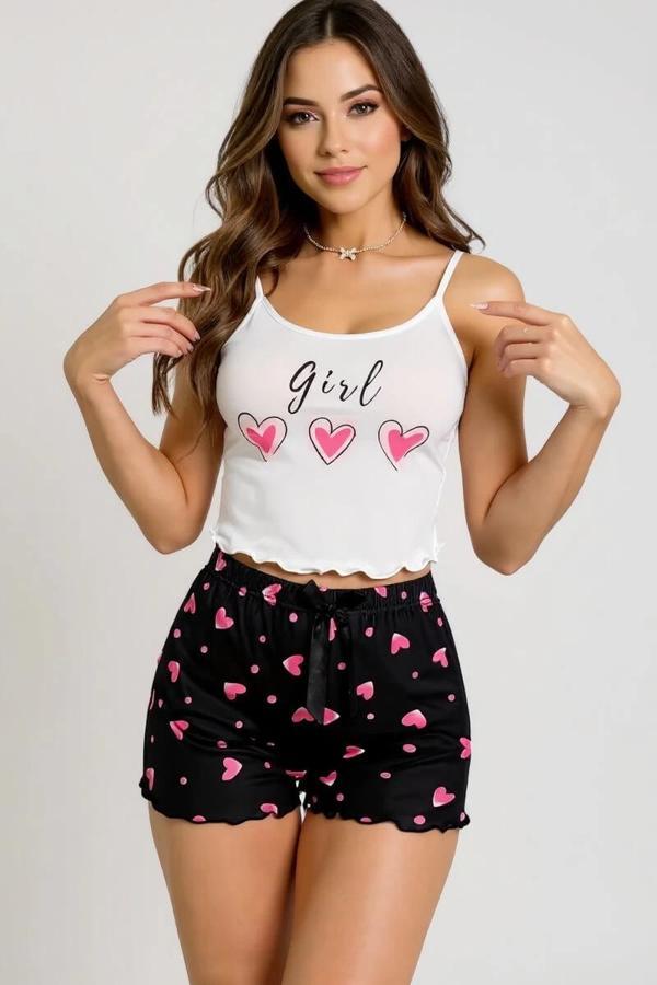Kalp Desenli Askılı Şortlu Pijama Takımı - Image 1