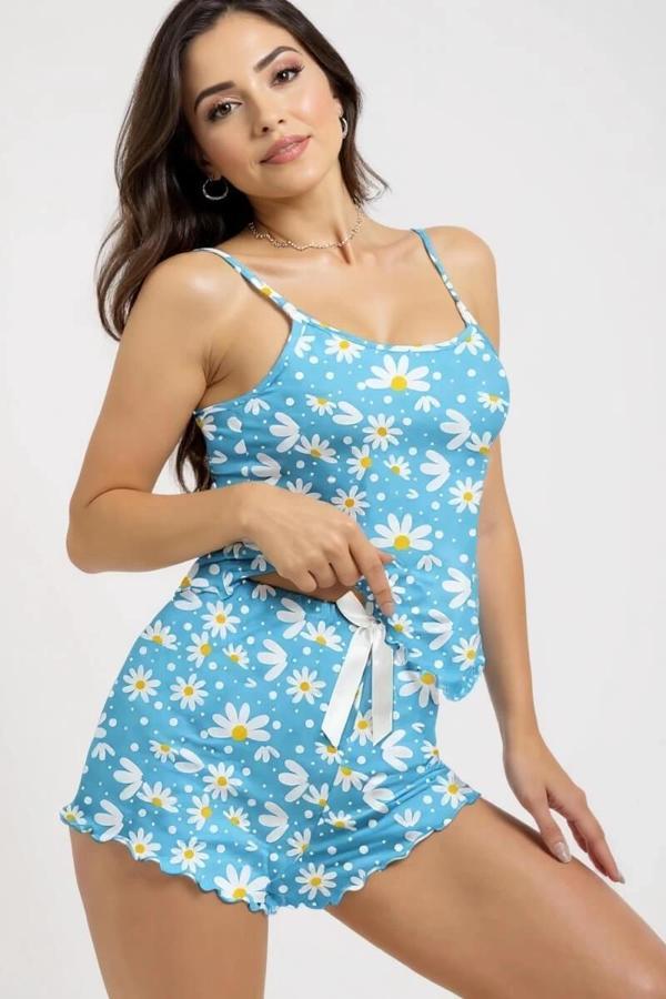 Papatya Baskılı Mavi Askılı Şortlu Pijama Takımı - Image 1