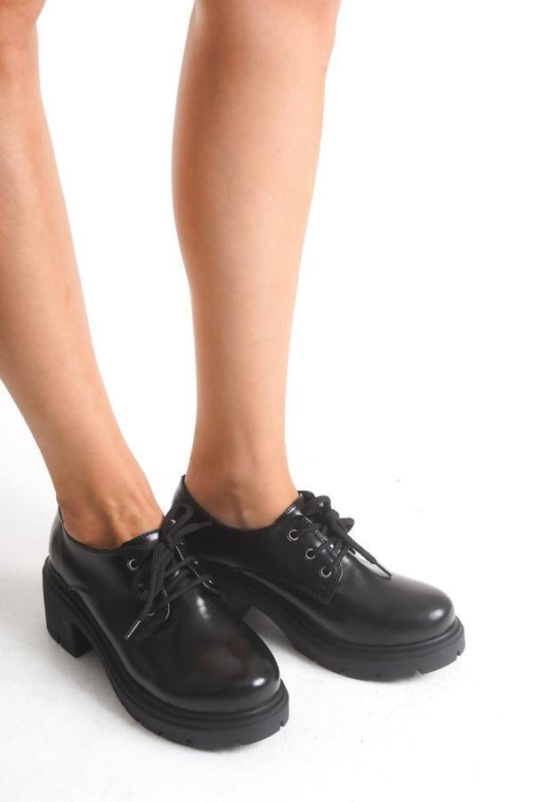 K-707 Siyah Kırışık Rugan Yüksek Tabanlı Bağcıklı  Loafer Ayakkabı   - Image 1