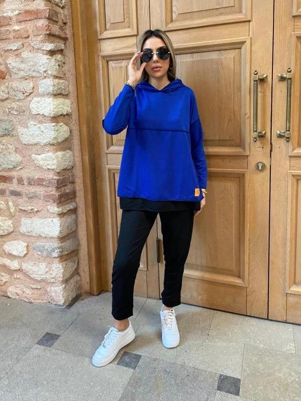 MDB Kadın Kapşonlu Etek Ucu Detay Armalı Ters Dikiş Gorunumlu Ikili Takım - Image 1