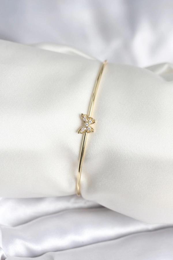 Kelebek Figürlü Zirkon Taşlı Gold Renk Pirinç Kadın Bileklik - Image 1
