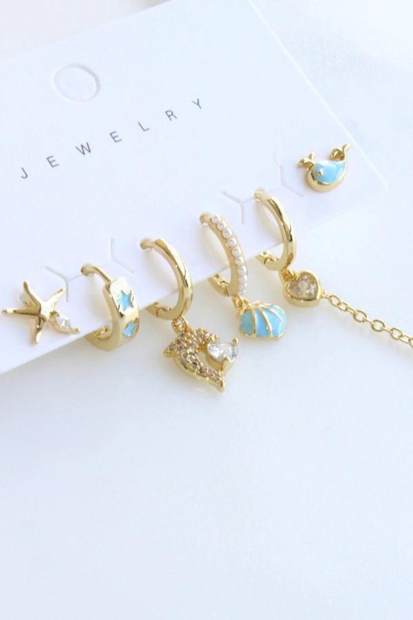 6 Lı İSTİRİDYE Tasarım Kararmaz Renk Atmaz Çoklu Kadın Çelik Küpe - Image 1