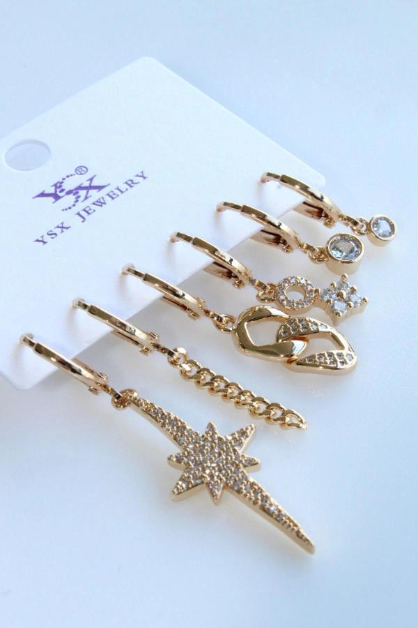 6 Lı Kuzey Yıldızı Gurmet Zincir Tasarım Kararmaz Renk Atmaz Çoklu Kadın Çelik Küpe - Image 1