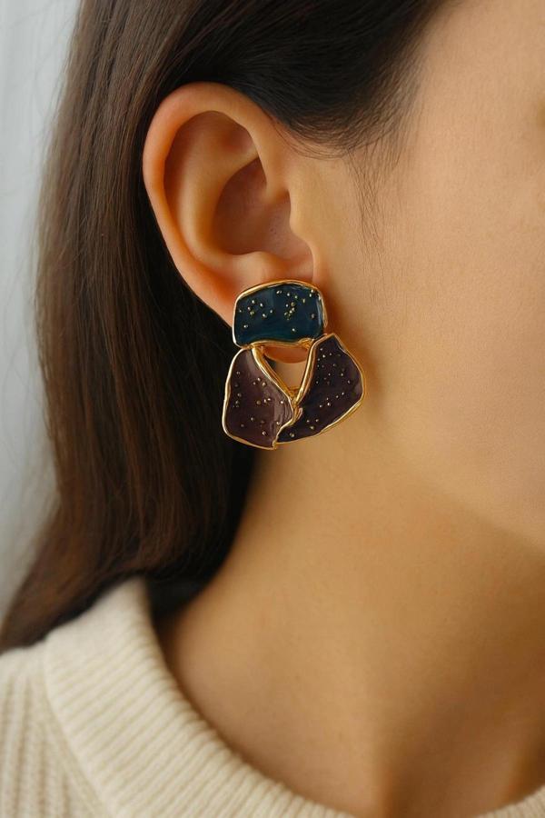 Özel Tasarım Üçgen Çok Renkli Mineli Kararmaz Renk Atmaz Kadın Çelik Küpe - Image 1