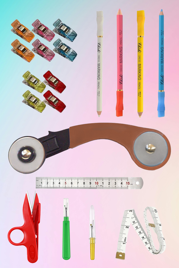 45mm Kumaş Deri Kağıt Rulet Kesici Makas Mezura İşaretleme Kalemi Mandal Sökücü Cetvel Seti - Image 1