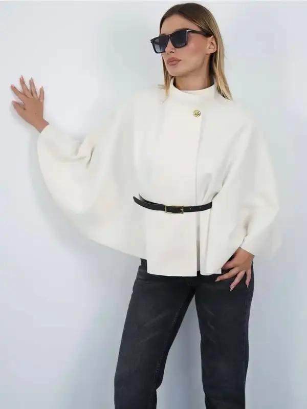 Pelerin Panço Kaban İnce Kaşe Kemer Hediyeli Gold Düğmeli - Image 1