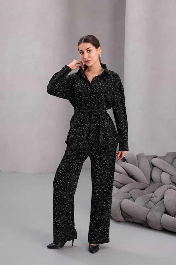 Kadın Siyah Fiyonklu Oversize Gömlek Ve Bağcıklı Beli Lastikli Taş İşlemeli İkili Takım  - Image 1