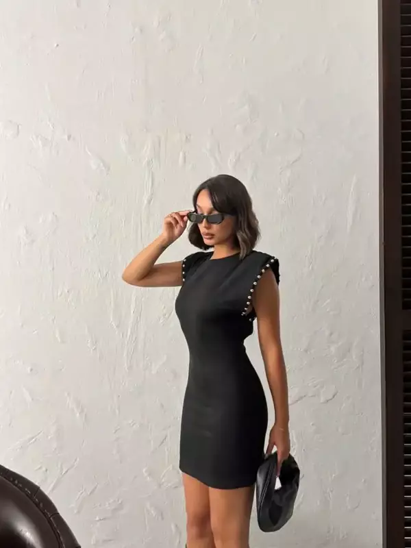  Kadın Sırt Dekolteli Omuz Vatkalı Omuz Droplu Süet Elbise  - Image 1