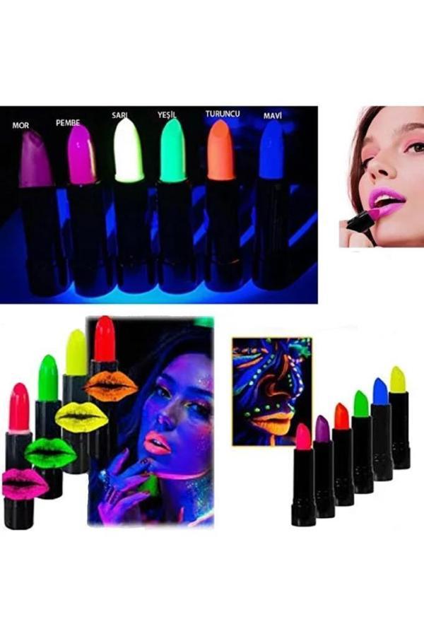 6 Adet Glow Parti Ruj Karanlıkta Parlayan Yanan Uv Neon Fosforlu Lipstick Dudak Yüz Boyama - Image 1