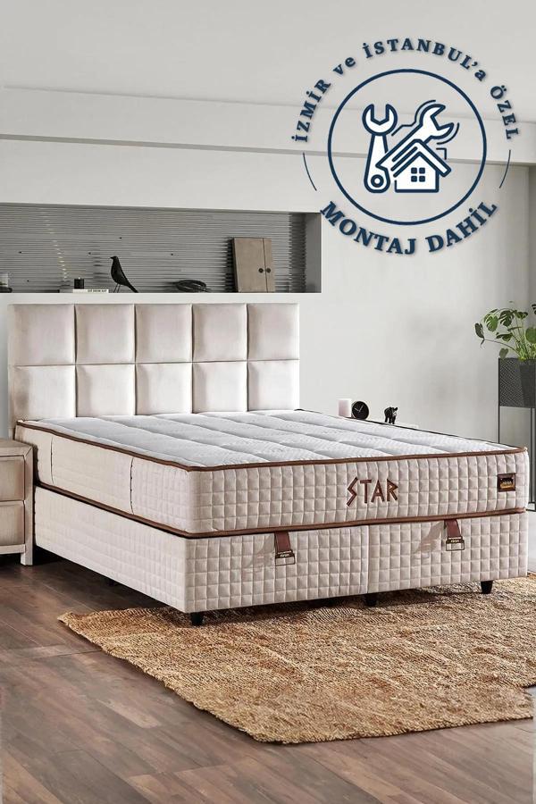 Niron Yatak Star Yatak Seti Tek Kişilik Full Ortopedik Çok Sert Yatak,Krem Keten Kumaş Lüks Baza Ve Başlık - Image 1