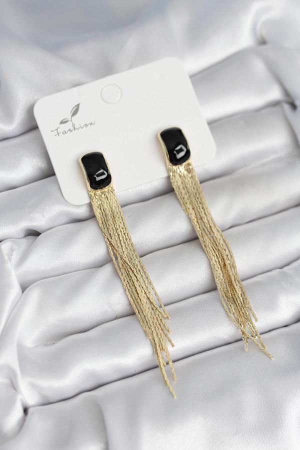 Sallantılı Siyah Mineli Gold Renk Kadın Küpe 11308 - Image 1
