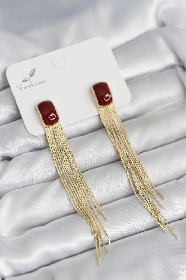 Sallantılı Bordo Mineli Gold Renk Kadın Küpe 11306 - Image 1