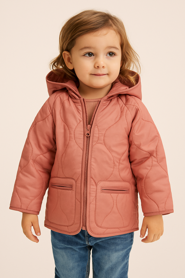 Kız Çocuk Kapüşonlu Mont – Dalga Desenli Kapitone, Fermuarlı - Image 1