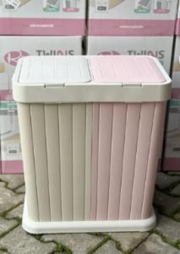 Rıo Twıns Dokunmatik Kapaklı 2 Li Kirli Çamaşır Sepeti / Gri-beyaz - Image 1