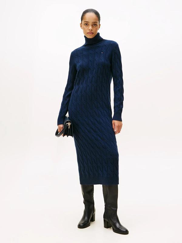 Tommy Hilfiger Yumuşak Yün Saç Örgülü Balıkçı Yaka Uzun Kollu Kadın Mavi Elbise WW0WW46429C1G - Image 1