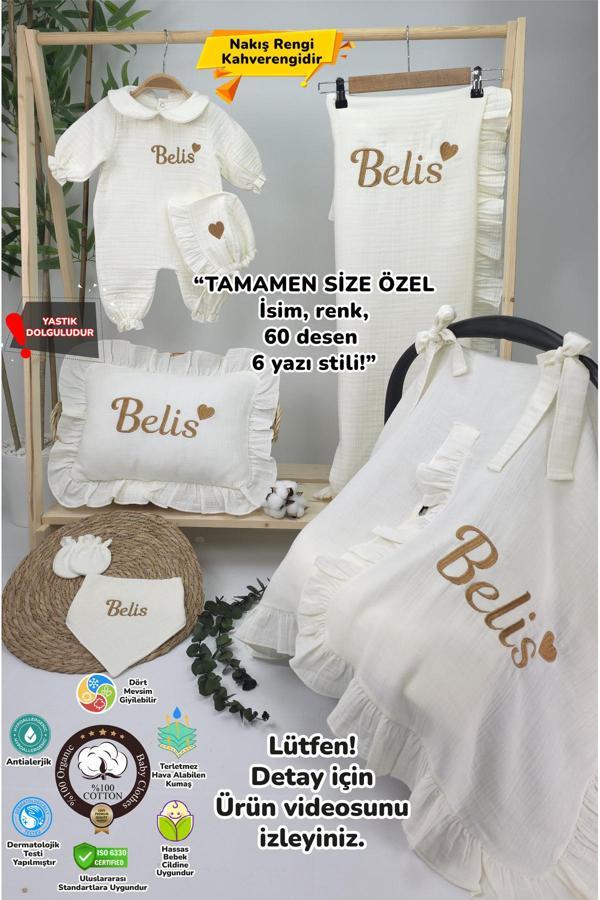 Gros Shop Müslin Yeni Doğan 4Katlı Organik %100Pamuk Kişiye Özgü Nakışlı Hastane Çıkış Seti-Kahverengi Kalpli - Image 1