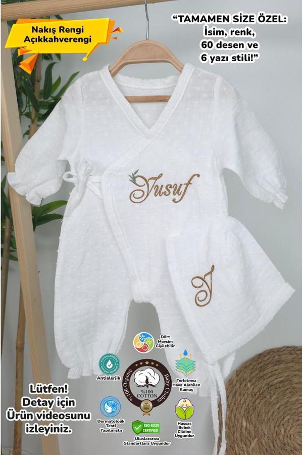 Gros Shop Müslin Yeni Doğan 2Katlı Organik %100Pamuk Kişiye Özgü Nakışlı Hastane Çıkış Seti(İkili Dal Model-3) - Image 1