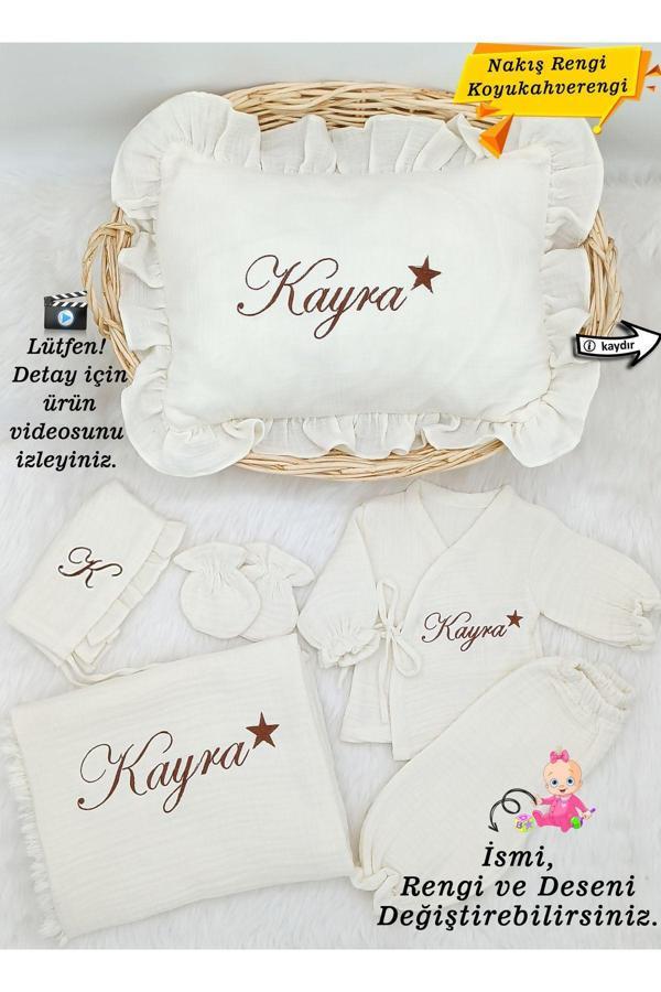 Gros Shop 4Katlı Müslin 6'Lı Kimono Bağcıklı Tulum %100Pamuk Hastane Çıkışı(Kişiye Özgü İsimli Nakış Desenli) - Image 1