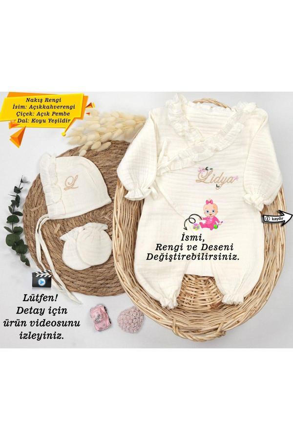 Gros Shop %100 Pamuk Organik 4 Katlı Müslin Kumaş 3'Lü Hastane Çıkış Seti (Kişiye Özgü İsimli Nakış Desenli) - Image 1
