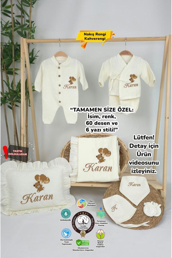 Gros Shop Müslin Yeni Doğan 4Katlı Organik %100Pamuk Kişiye Özgü Nakışlı Hastane Çıkış Seti (Ayıcık Model-6) - Image 1