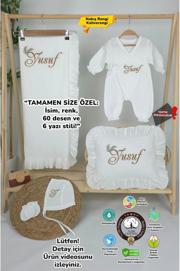 Gros Shop Müslin Yeni Doğan 2Katlı Organik %100Pamuk Kişiye Özgü Nakışlı Hastane Çıkış Seti(İkili Dal Model-3) - Image 1