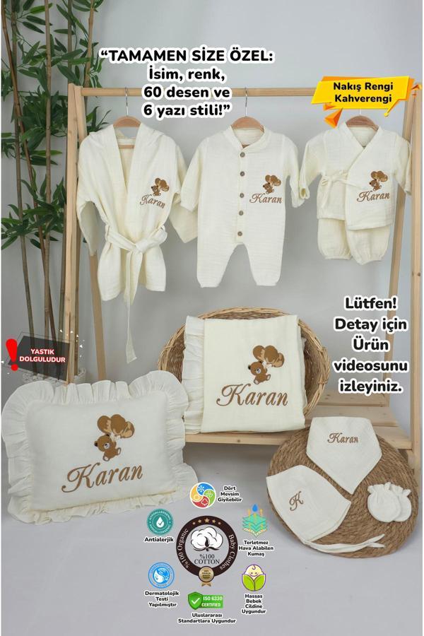 Gros Shop Müslin Yeni Doğan 4Katlı Organik %100Pamuk Kişiye Özgü Nakışlı Hastane Çıkış Seti (Ayıcık Model-6) - Image 1