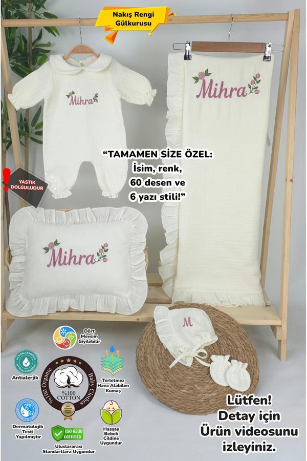 Gros Shop Müslin Yeni Doğan 4Katlı Organik %100Pamuk Kişiye Özgü Nakışlı Hastane Çıkış Seti- Güllü Model-1 - Image 1