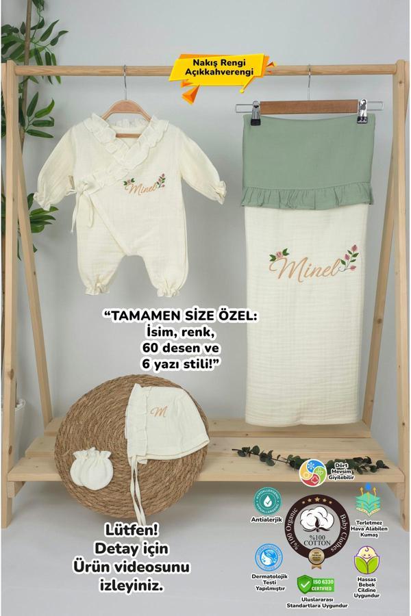 Gros Shop Müslin Yeni Doğan 4Katlı Organik %100Pamuk Kişiye Özgü Nakışlı Hastane Çıkış Seti (Güllü Model-4) - Image 1