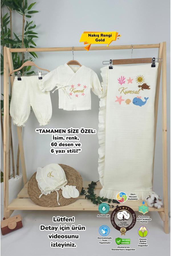 Gros Shop Müslin Yeni Doğan 4Katlı Organik %100Pamuk Kişiye Özgü Nakışlı Hastane Çıkış Seti(Okyanus Model-2) - Image 1