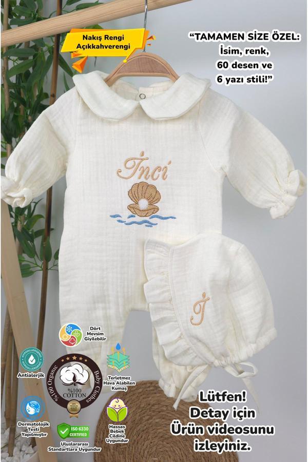 Gros Shop Müslin Yeni Doğan 4Katlı Organik %100Pamuk Kişiye Özgü Nakışlı Hastane Çıkış Seti-İnci Model - Image 1