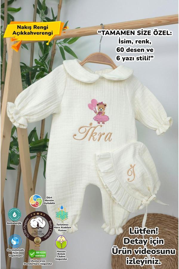 Gros Shop Müslin Yeni Doğan 4Katlı Organik %100Pamuk Kişiye Özgü Nakışlı Hastane Çıkış Seti (Ayıcık Model-5) - Image 1