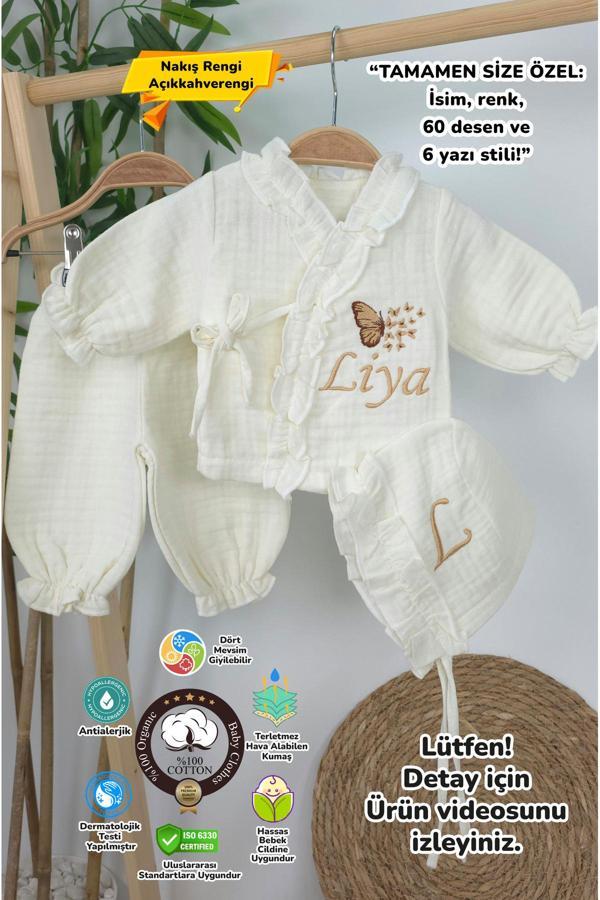 Gros Shop Müslin Yeni Doğan 4Katlı Organik %100Pamuk Kişiye Özgü Nakışlı Hastane Çıkış Seti-Çoklu Kelebek-2 - Image 1