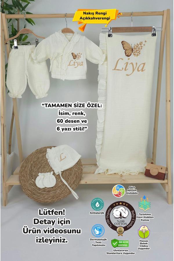 Gros Shop Müslin Yeni Doğan 4Katlı Organik %100Pamuk Kişiye Özgü Nakışlı Hastane Çıkış Seti-Çoklu Kelebek-2 - Image 1