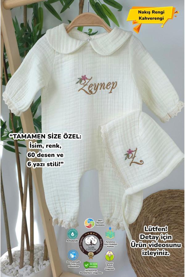 Gros Shop Müslin Yeni Doğan 4Katlı Organik %100Pamuk Kişiye Özgü Nakışlı Hastane Çıkış Seti (Papatya-3) - Image 1