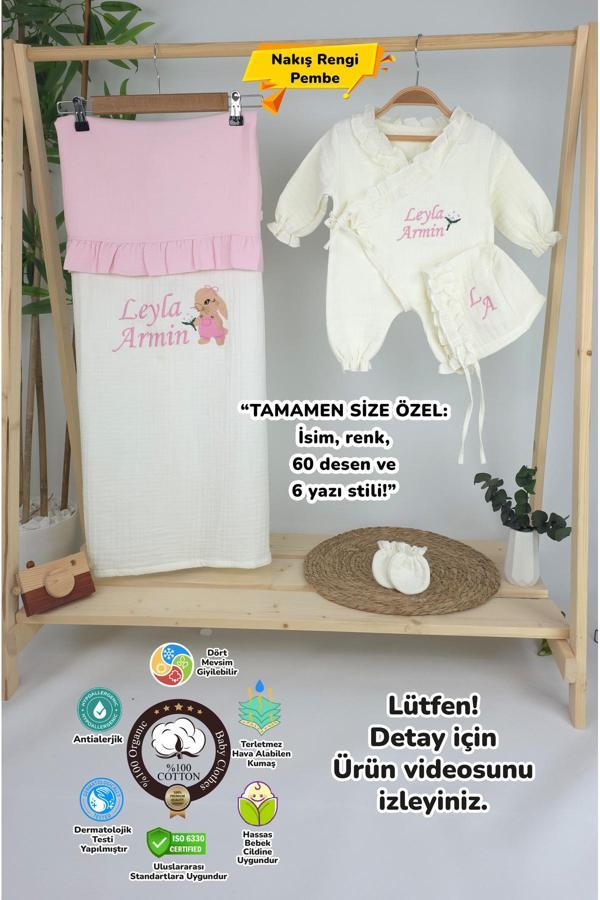 Gros Shop Müslin Yeni Doğan 4Katlı Organik %100Pamuk Kişiye Özgü Nakışlı Hastane Çıkış Seti-Tavşan Model-1 - Image 1