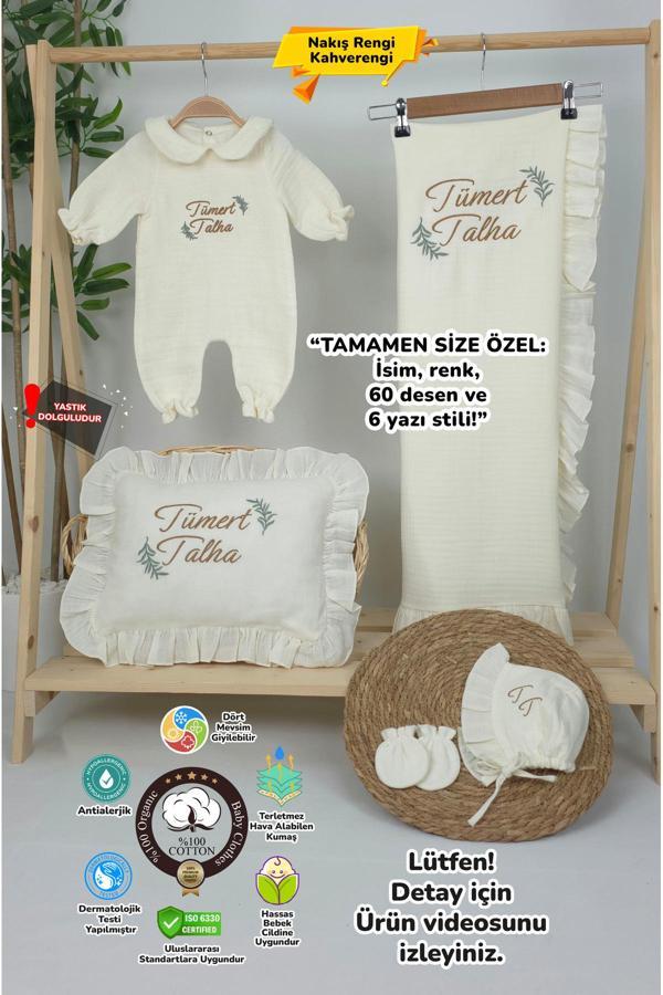 Gros Shop Müslin Yeni Doğan 4Katlı Organik %100Pamuk Kişiye Özgü Nakışlı Hastane Çıkış Seti(İki Dallı Model-2) - Image 1