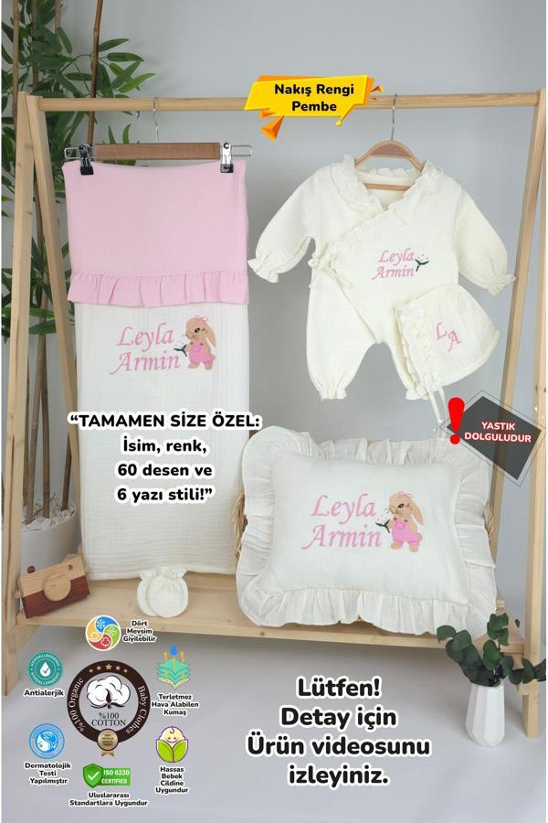 Gros Shop Müslin Yeni Doğan 4Katlı Organik %100Pamuk Kişiye Özgü Nakışlı Hastane Çıkış Seti-Tavşan Model-1 - Image 1