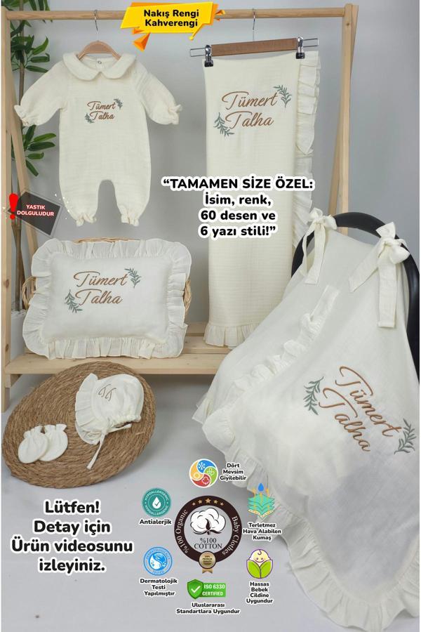 Gros Shop Müslin Yeni Doğan 4Katlı Organik %100Pamuk Kişiye Özgü Nakışlı Hastane Çıkış Seti(İki Dallı Model-2) - Image 1