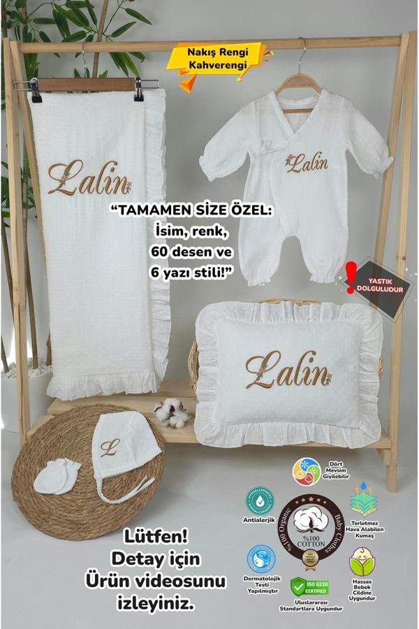 Gros Shop Müslin Yeni Doğan 4Katlı Organik %100Pamuk Kişiye Özgü Nakışlı Hastane Çıkış Seti-Papatya Model1 - Image 1