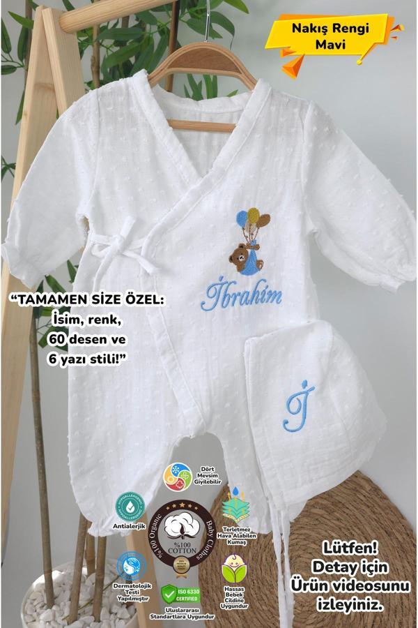 Gros Shop Müslin Yeni Doğan 4Katlı Organik %100Pamuk Kişiye Özgü Nakışlı Hastane Çıkış Seti-Ayıcık Model - Image 1